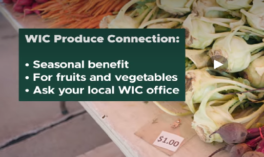 Farmers Market WIC Produce Connection Signage linking to video on how to use WIC benefits at farmers markets